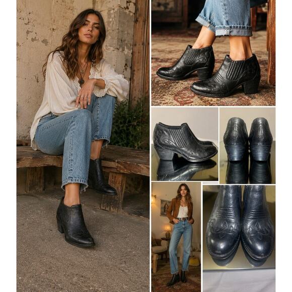 Børn Shoes - Born Black Distressed Leather Western Ankle Booties Comfort Heels EU 38